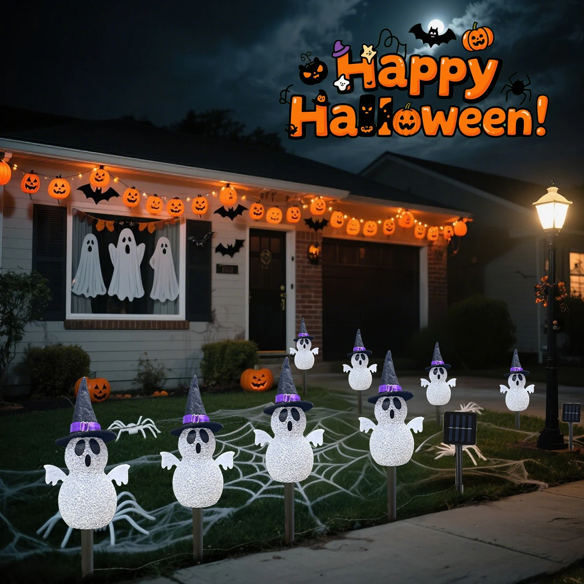 4Pcs Solar Halloween Geist Pathway Lichter Reis Geist Mit Schwarzem Hut Garten Stake Licht Für Haus Hof Terrasse Pathway dekoration Image