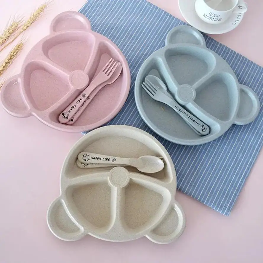 Baby Schüssel Löffel Gabel Sets Fütterung Geschirr Cartoon Bär Kinder Teller Baby Essen Geschirr Set Anti-Wärme Training Platten