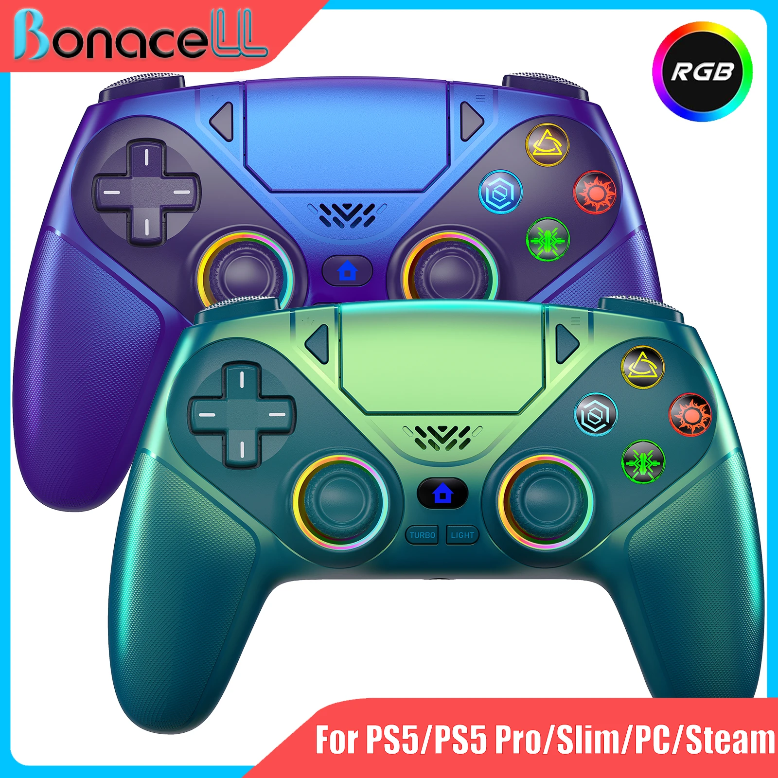 RGB-Licht Kabelloser Controller Marco/Turbo Gamepads Hall-Effekt Vibration Spiel-Joystick für Playstation5/PS5 Pro/Slim/PC/Steam Image