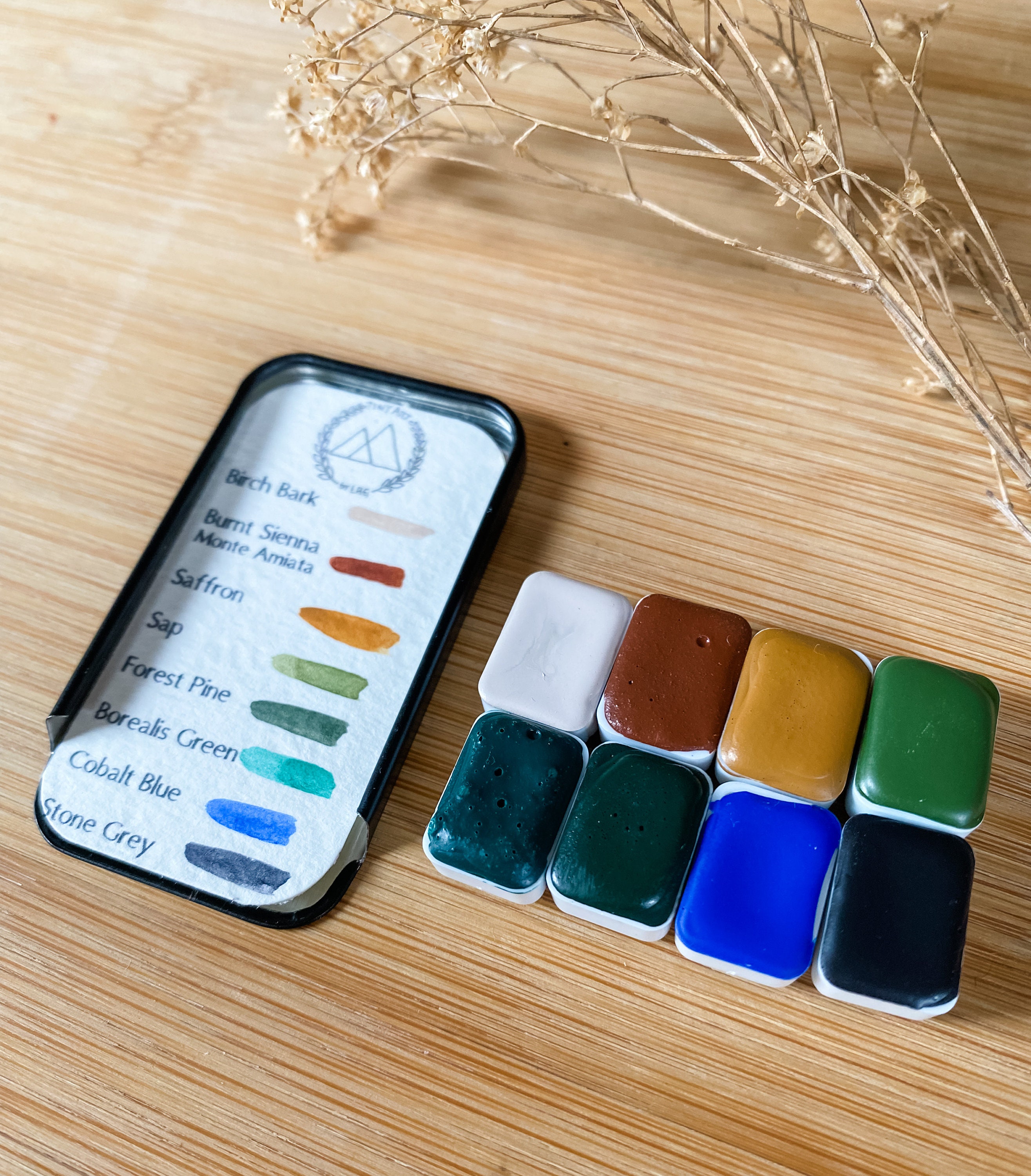 "Set di acquerelli \"North Woods\" in miniatura fatto a mano / Tavolozza da viaggio / Acquerelli in miniatura / Tavolozza di acquerelli / Colori fatti a"