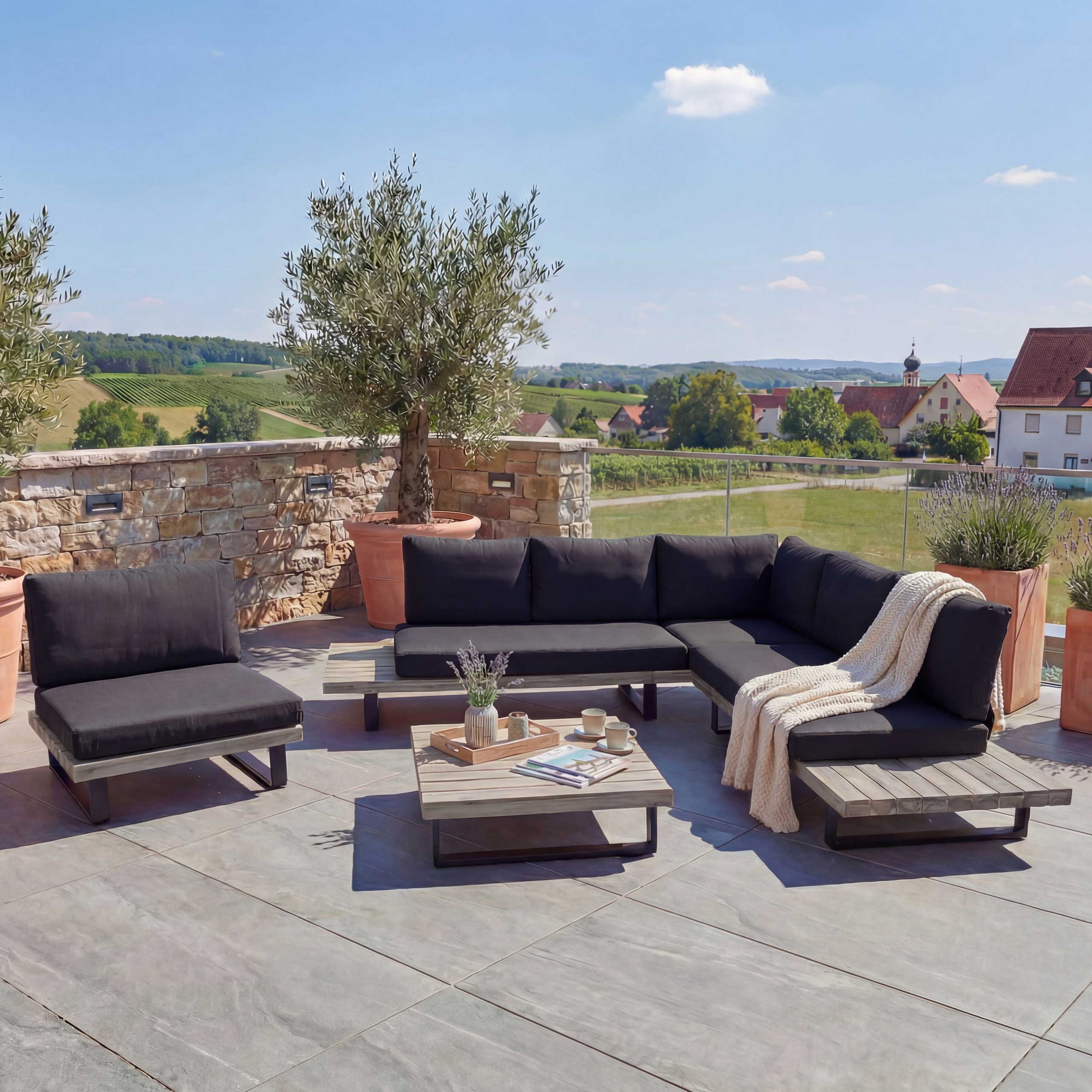 Garten-Garnitur mit Sessel HWC-H54, Lounge-Set Sofa, Spun Poly Akazie Holz FSC® Aluminium ~ grau, Polster dunkelgrau Image