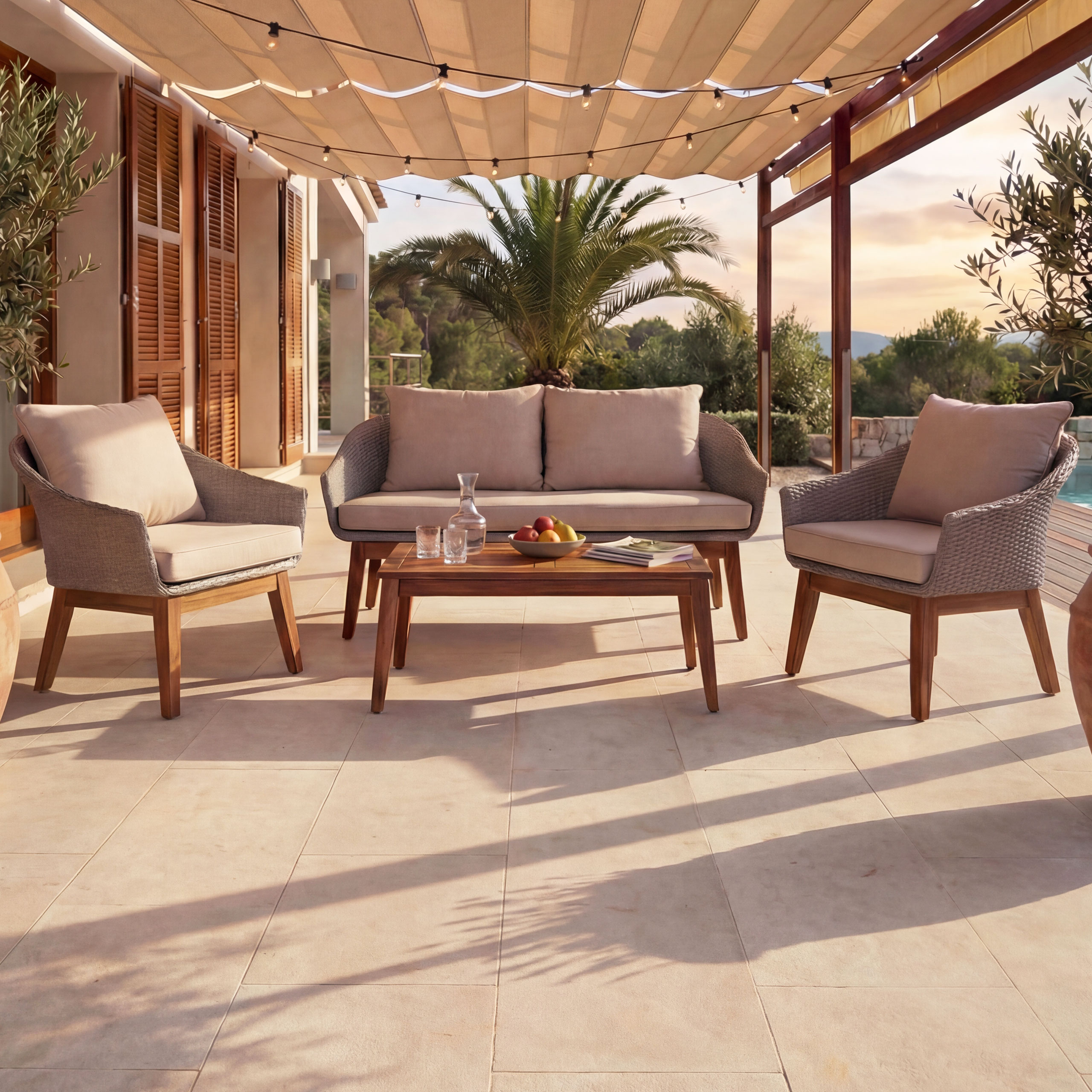 Gartengarnitur HWC-N37, Garten-/Lounge-Set Sofa Sitzgruppe, Poly-Rattan Holz Akazie ~ grau, Kissen beige