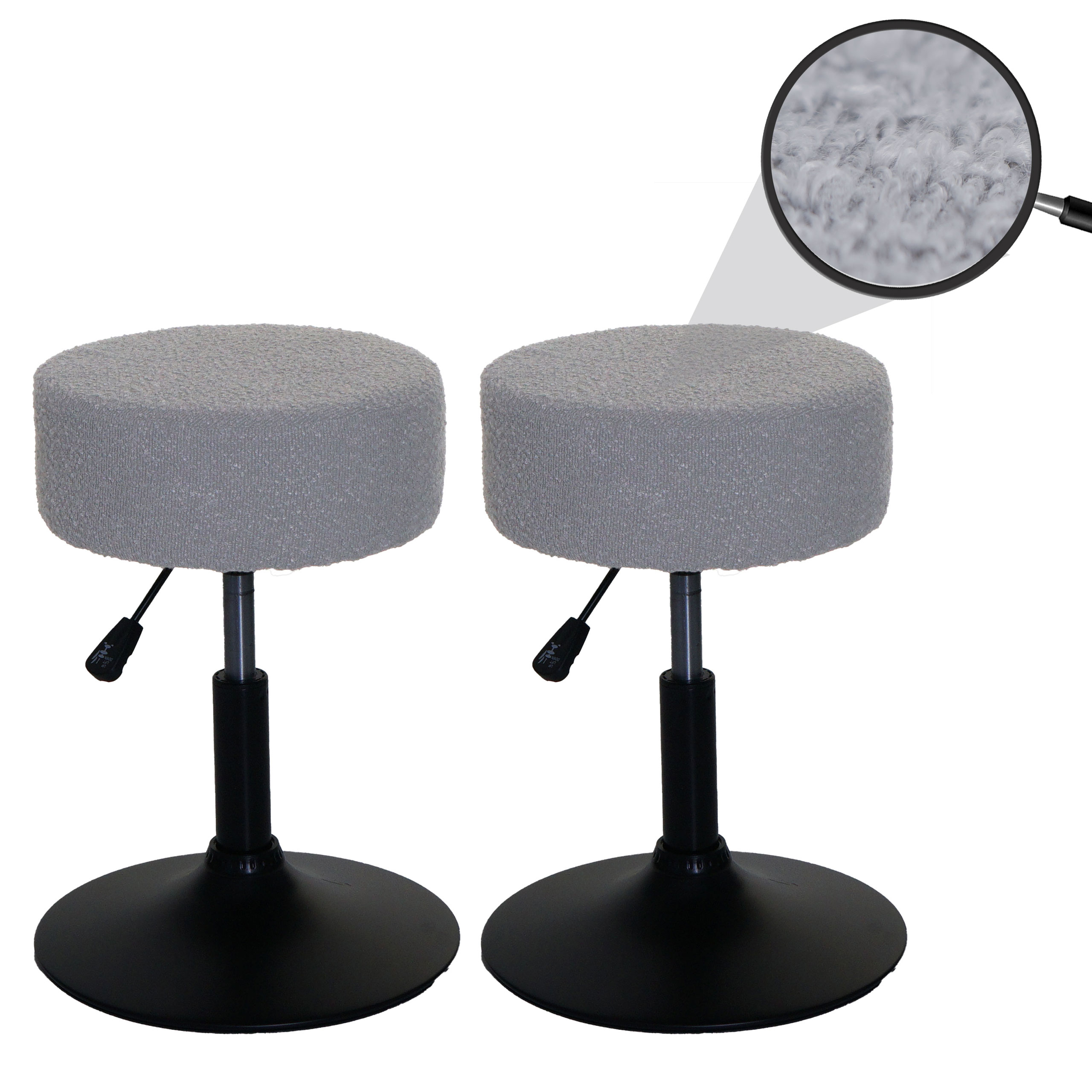 2er-Set Hocker HWC-C22, Sitzhocker Schminkhocker, höhenverstellbar drehbar Ø 37cm Stoff Bouclé 450g/m² FSC® ~ grau Image