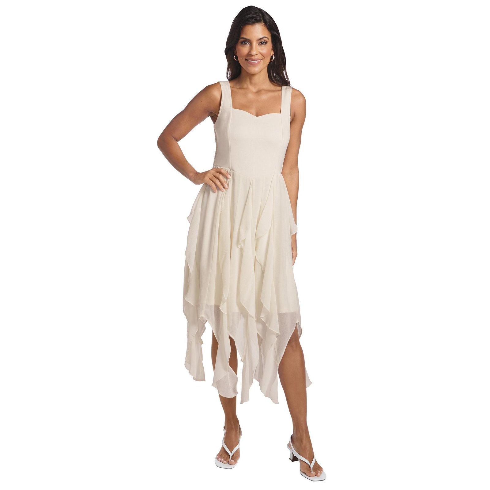 Masseys Daydream Ruffle Dress (Size 3X) Ivory, Polyester,Spandex