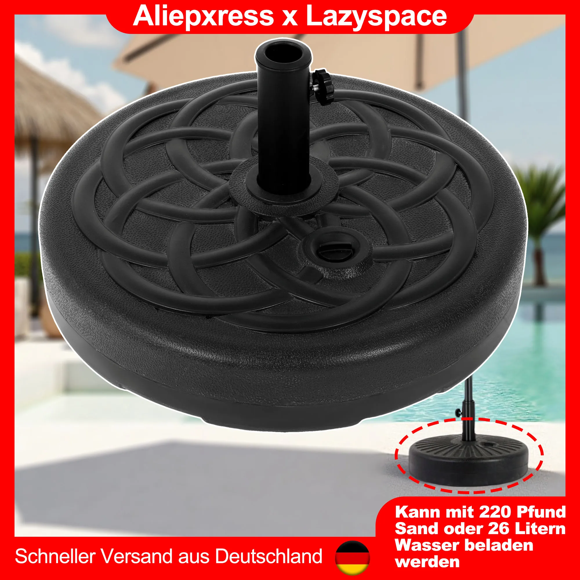 Base per ombrellone da esterno rotonda Lazyspace, base per ombrellone da patio, base per ombrellone da mercato funziona con sabbia da 83/220 libbre o acqua da 19/26 litri