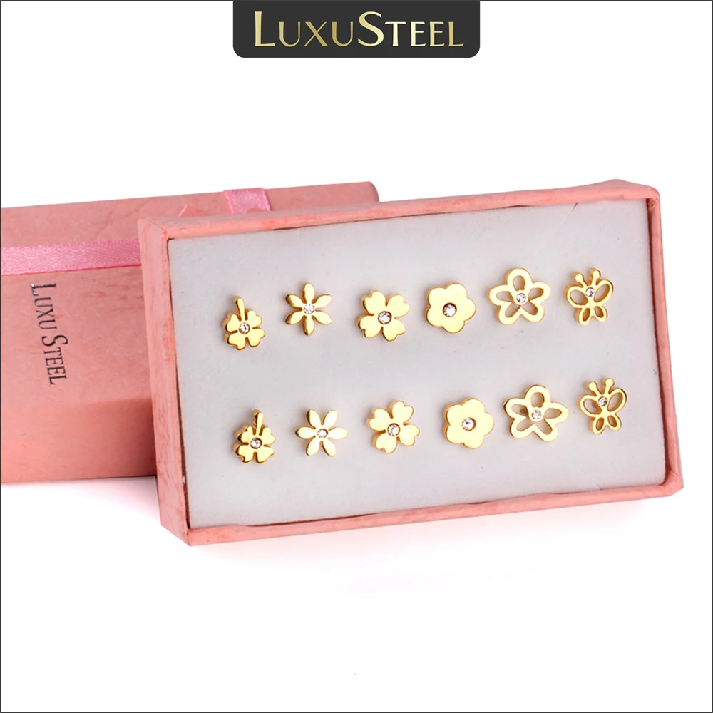 Luxu steel 6 paare/schachtel Edelstahl cz Ohrringe für Frauen Mädchen Kinder Piercing Ohr stecker Set Geburtstag Schmuck Geschenke Image