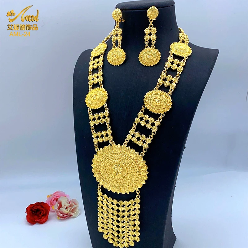 Aniid afrikanischen Luxus Halskette und Ohrringe Set für Frauen indische arabische lange Halskette Schmuck Großhandel Hochzeit 24 Karat Gold Farbe Image