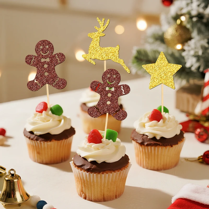 YOMDID 24 Stück Weihnachts-Kuchenaufsätze, glitzernd, Weihnachten, Hirsch, Stern, Cupcake-Topper, Party-Kuchendekoration, Weihnachtsdekoration Image