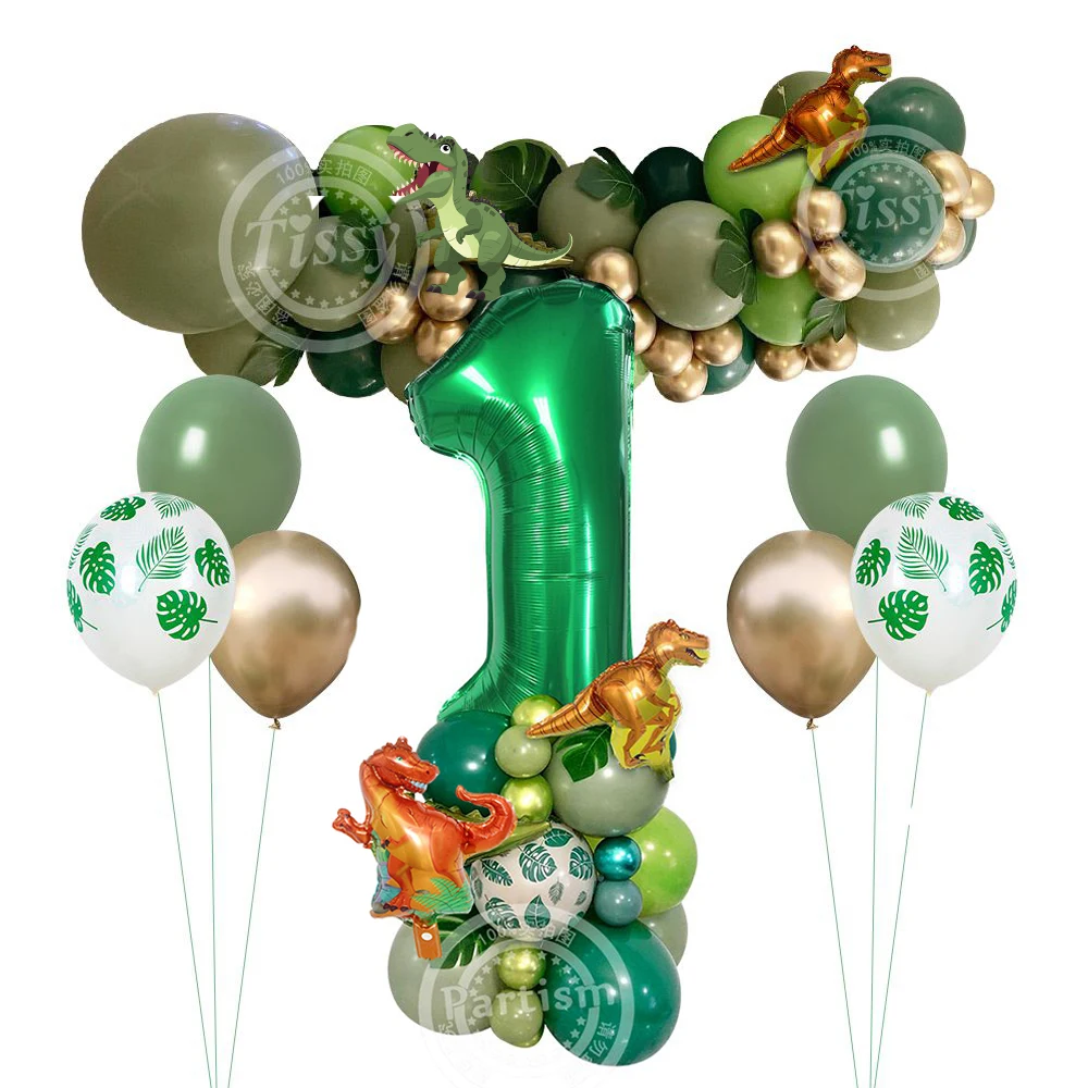 27 Stück grüner Dinosaurier-Ballonturm aus Karton mit 1–9 grünen Zahlenballons für Geburtstagsfeiern mit Dinosauriermotiv für Jungen, DIY-Dekorationen Image