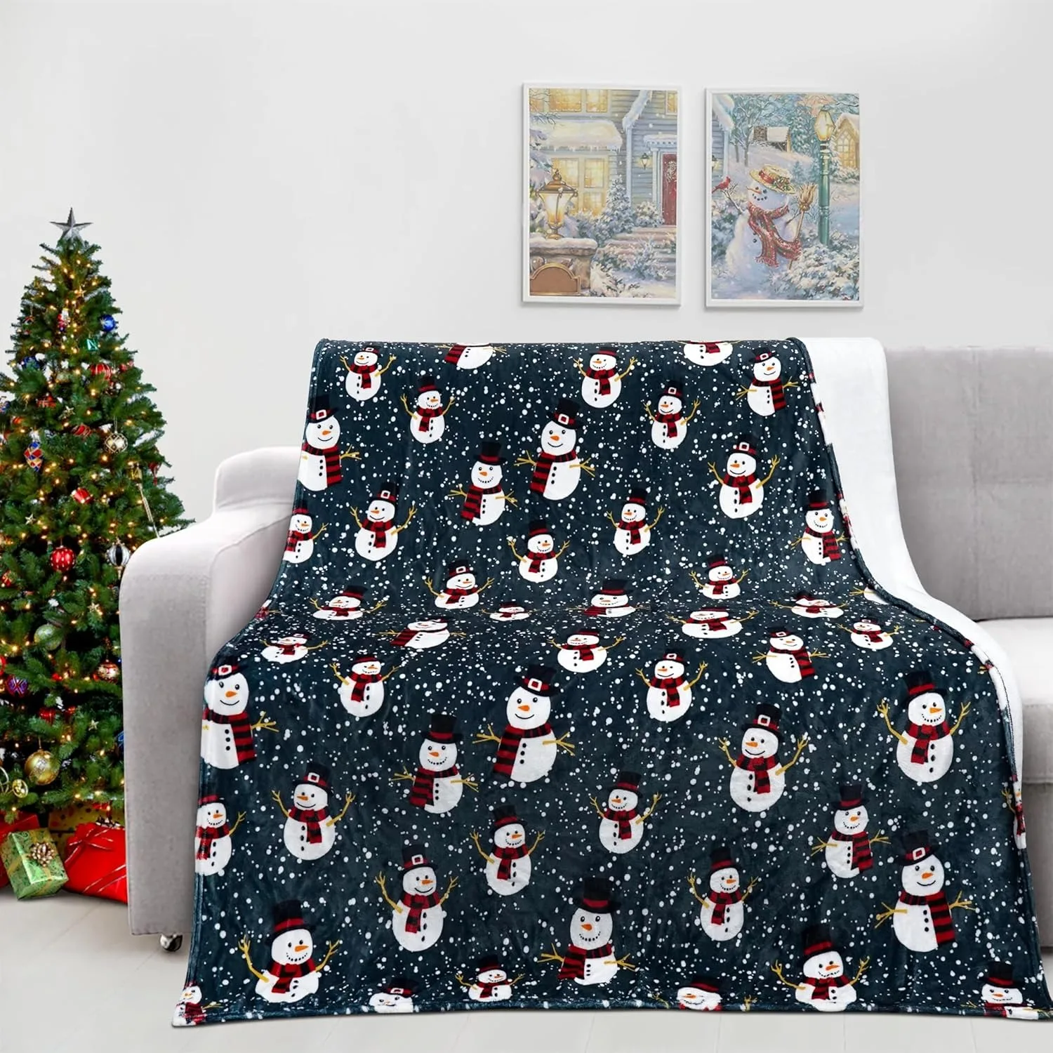 1PC Weihnachtsthema-Überwurfdecke, Schneemann-Muster, blauer Überwurf, dünne Decke, Geschenke für Couch, Bett, Auto, Zuhause, Camping, alle Jahreszeiten Image