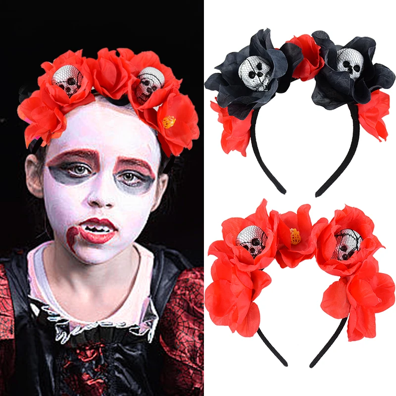 Halloween Rose Skull Stirnband Totenkopf Haarband Schwarze Blumenkrone Tag der Toten Kopfschmuck Halloween Gothic Kostümzubehör