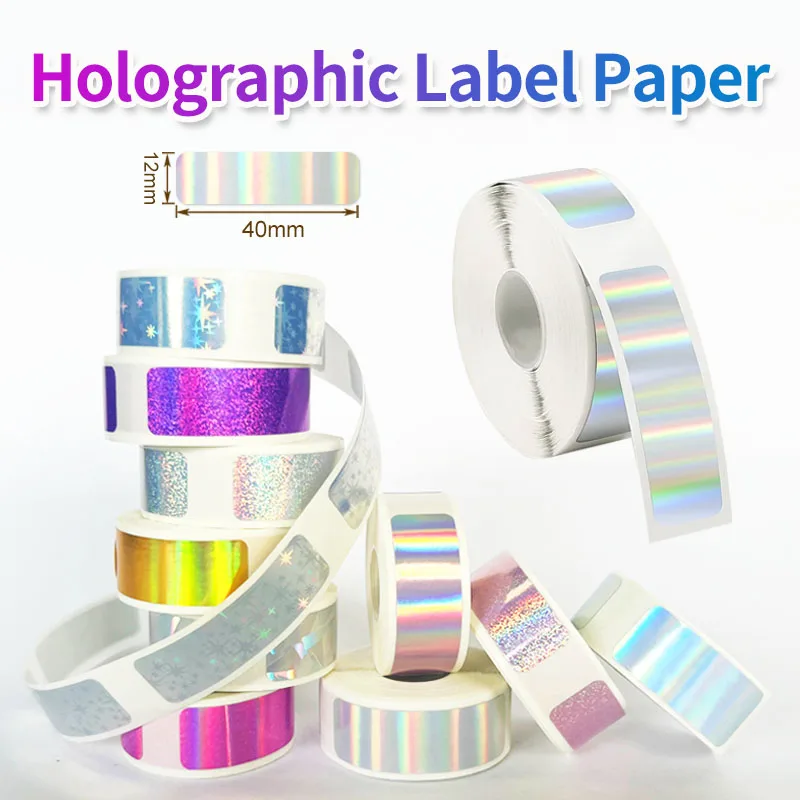160 Stück holografisches Laser-Thermo-Etikettenband, glänzend, selbstklebende Rolle, bedruckbares Aufkleberpapier, langlebig, silberfarben, Name, Party-Geschenkanhänger Image