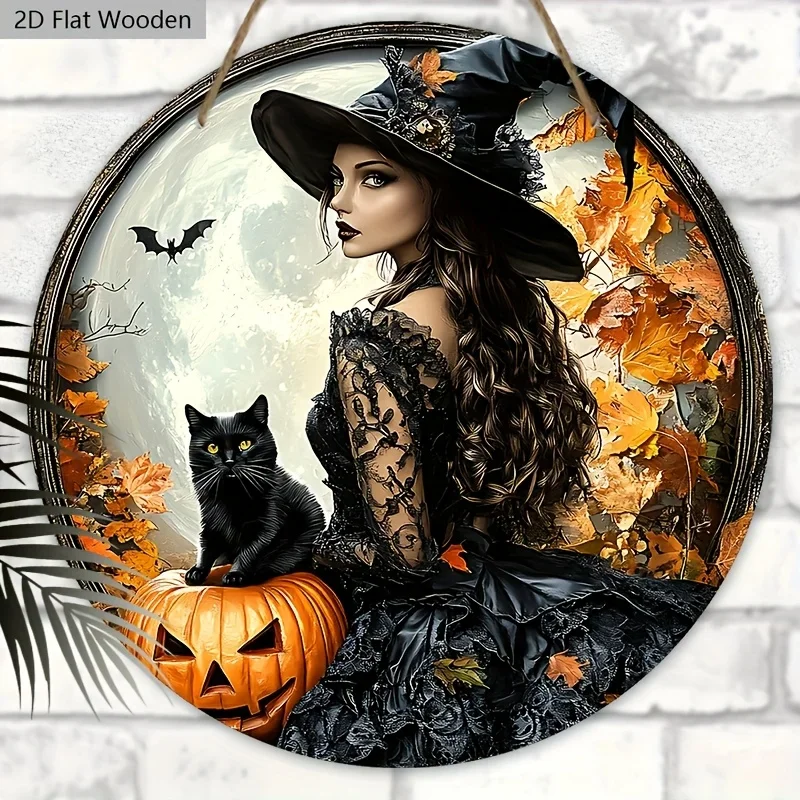 2D flach, 1 Stück Halloween-Hexen- und schwarze Katze, rundes Holzschild – Wandbehang im Vintage-Stil mit Vollmond- und Herbstblättern, 7. Image