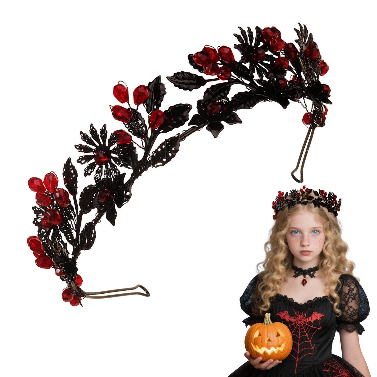 Halloween Damen Retro Kristall Gothic Stirnbänder Dunkler Stil Anti Slip Schwarz/Rot Kristall Haarreifen Kostüm Party Haarschmuck Image