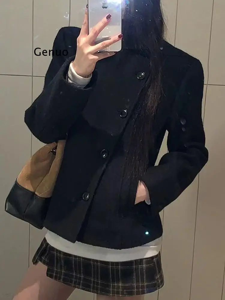 Damen Vintage Y2K Japanischer Stil Herbst Winter Schwarzer Kurzer Wollmantel Stehkragen Verdickte Jacke Elegante Damenbekleidung