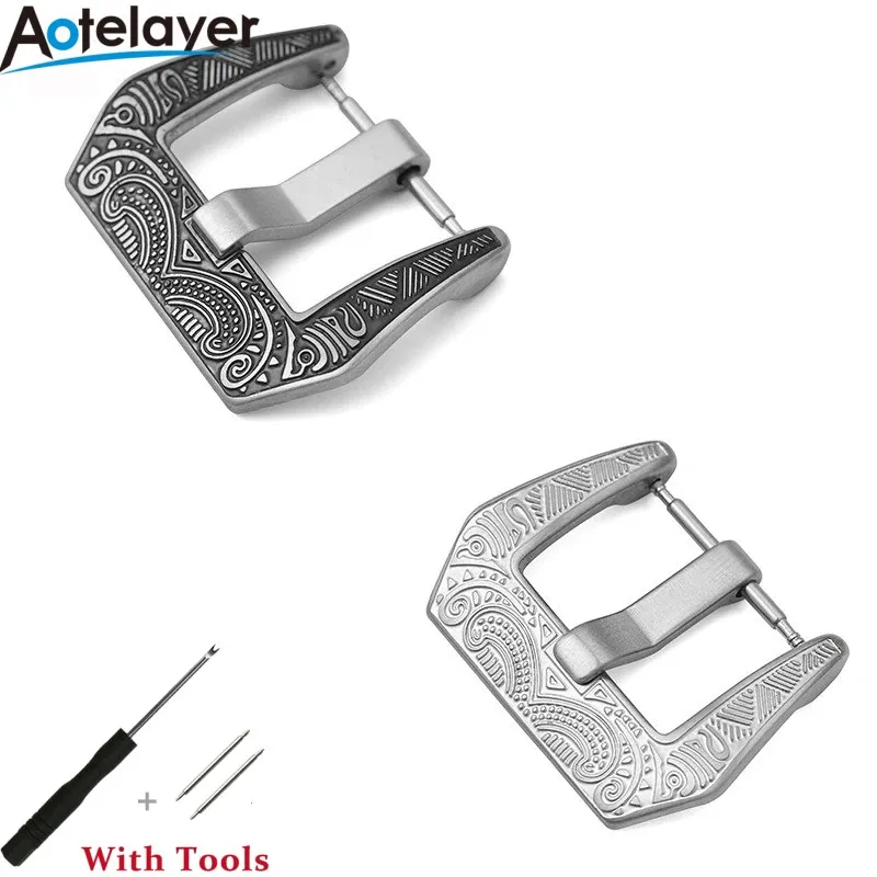 18 20 22 24 mm gravierte Retro-Edelstahl-Uhrenschnalle, schwarz, silberfarbenes Metall, gebürstetes Uhrenarmband, Verschluss, Zubehör mit Werkzeug Image