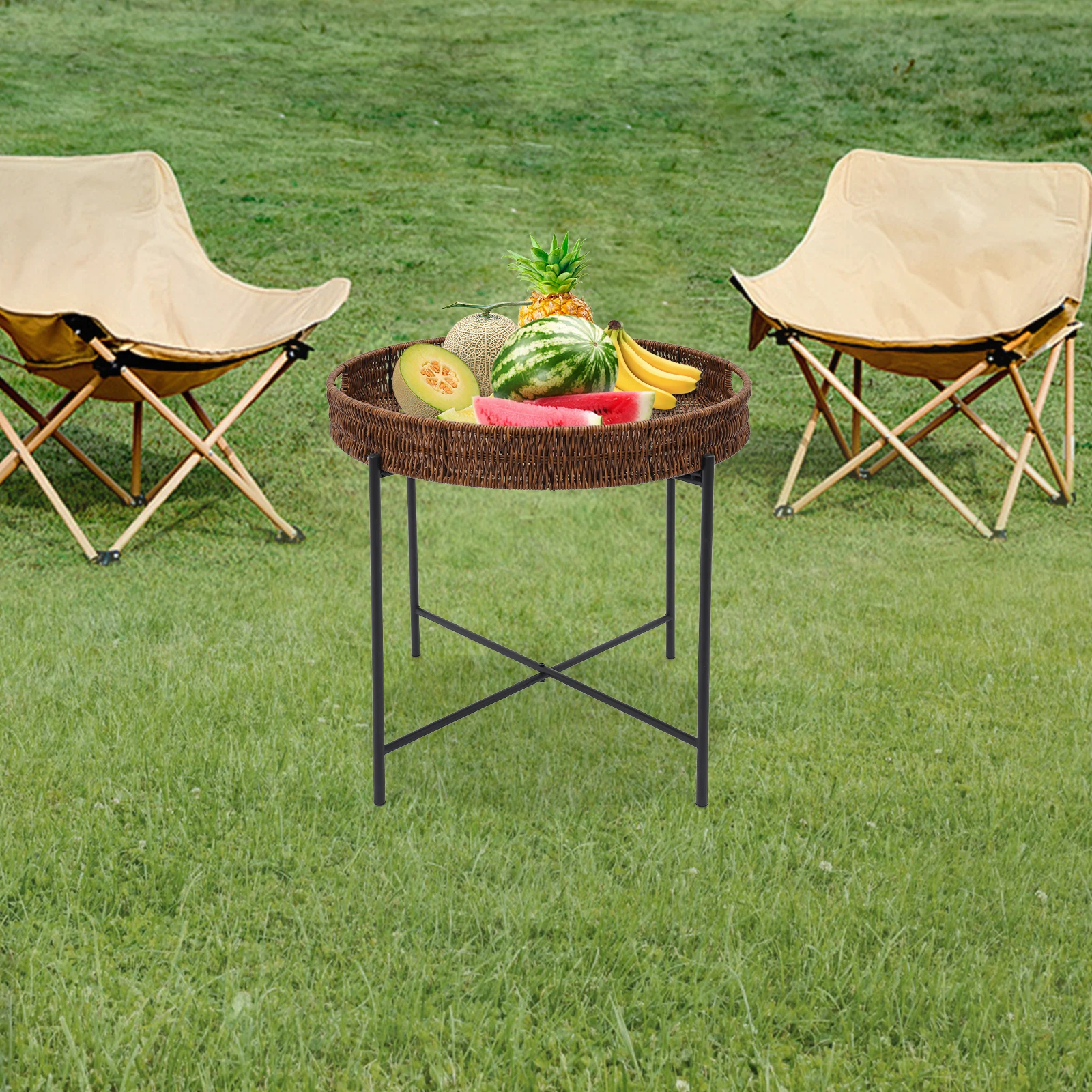 Klappbarer geflochtener runder Beistelltisch, Outdoor-Picknicktisch für Gartencamping, Couchtisch mit abnehmbarem Tablett Image