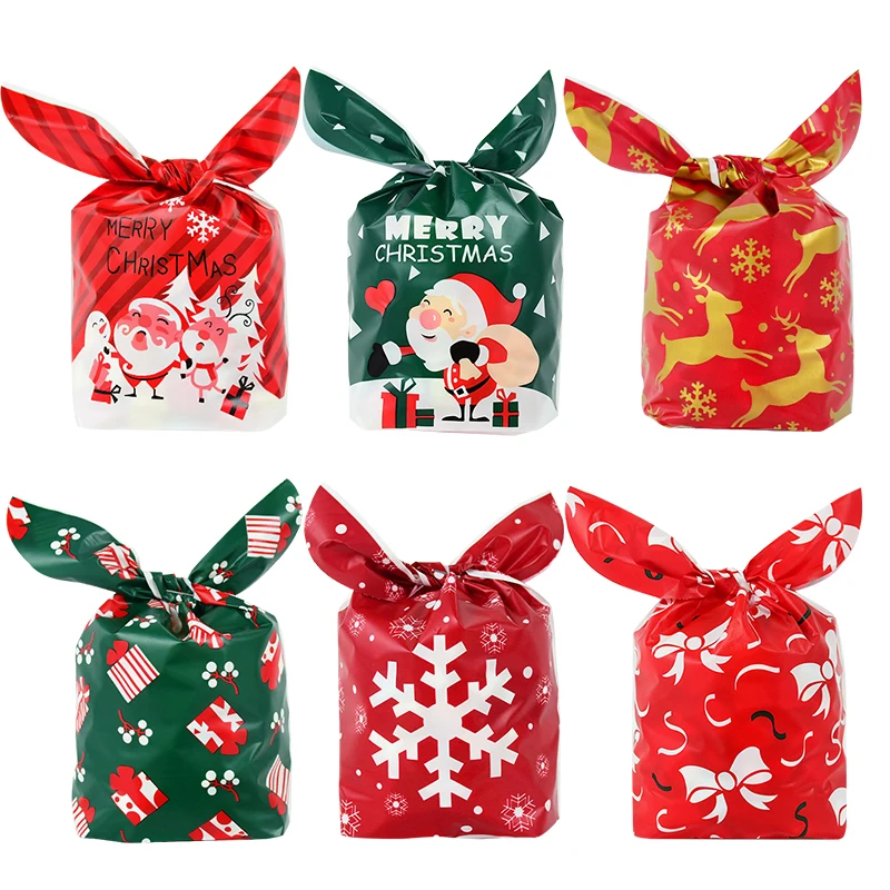 25 stücke Frohe Weihnachten Kaninchen Ohr Süßigkeiten Taschen Karton Santa Claus Schneemann Cookie Verpackung Taschen Für Weihnachten Noel Geschenk Verpackung liefert Image