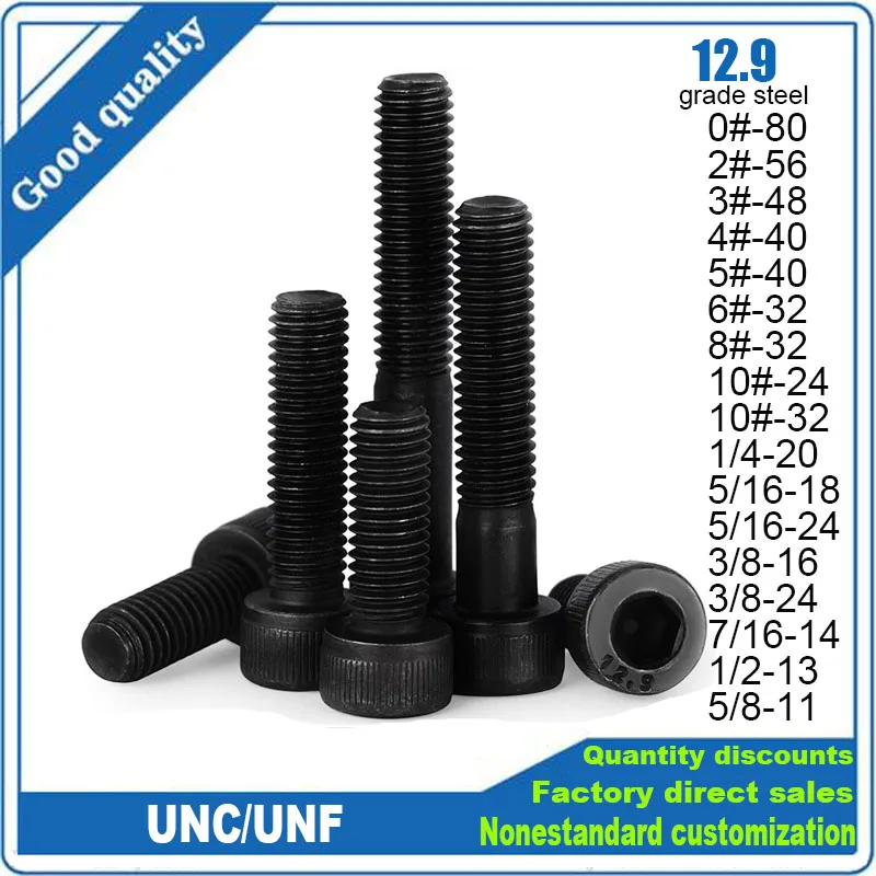 1/20 Stück UNC UNF 0 # 2 # 3 # 4 # 5 # bis 10 # 1/4-20 5/16 bis 5/8-11 Schwarzer Sechskantschraube aus Stahl der Güteklasse 12,9 mit Innensechskant und Innensechskant Image