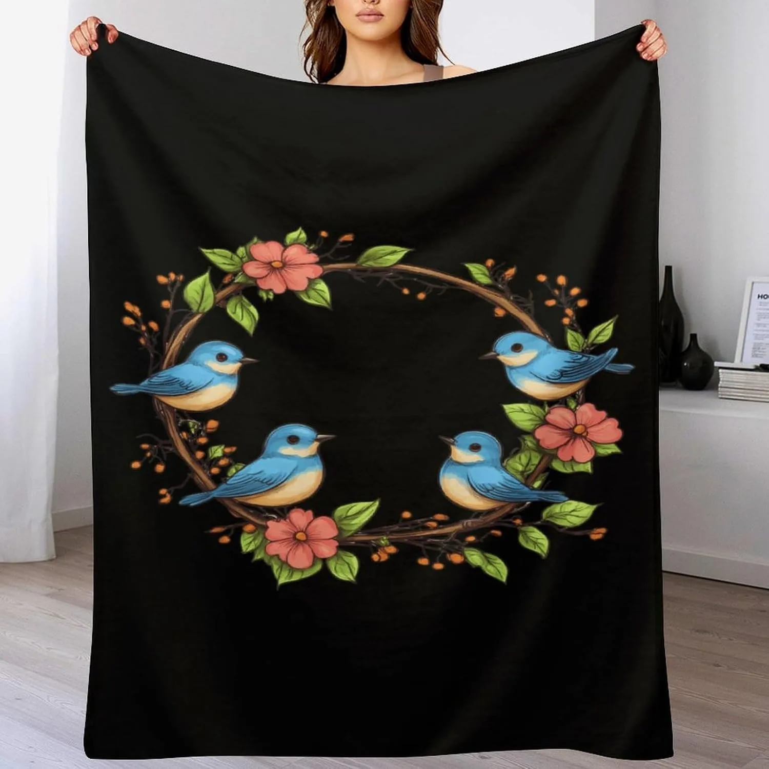 1 x blaue Vögel, Blumenmuster, Überwurf, dünne Decke, bedruckt, leicht, für Couch, Zuhause, für Tiere, Blumen, Liebhaber, alle Jahreszeiten Image