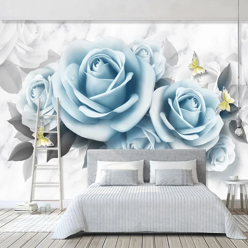 Benutzerdefinierte Fototapete für Schlafzimmerwände 3D Blaue Rose Blume Schmetterling Modernes Wohnzimmer Restaurant Dekoration Wandbild Papier