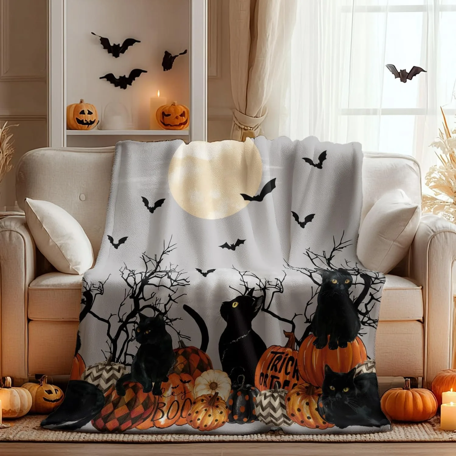 1PC Halloween Thema Decke Kürbis Schädel Fledermäuse Schwarze Katzen Dünne Decke Geschenke für Couch Bett Auto Hause Camping alle saison verwenden Image
