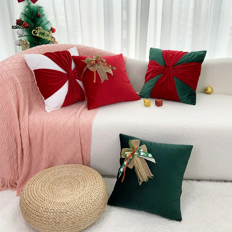 BUYNOW 1 STÜCK Weihnachten Niederländischer Samtschleife Kissenbezug Atmosphäre Wohnzimmer Sofa Quadratisch 18x18 Zoll Kissenbezug Home Bed Decor Image