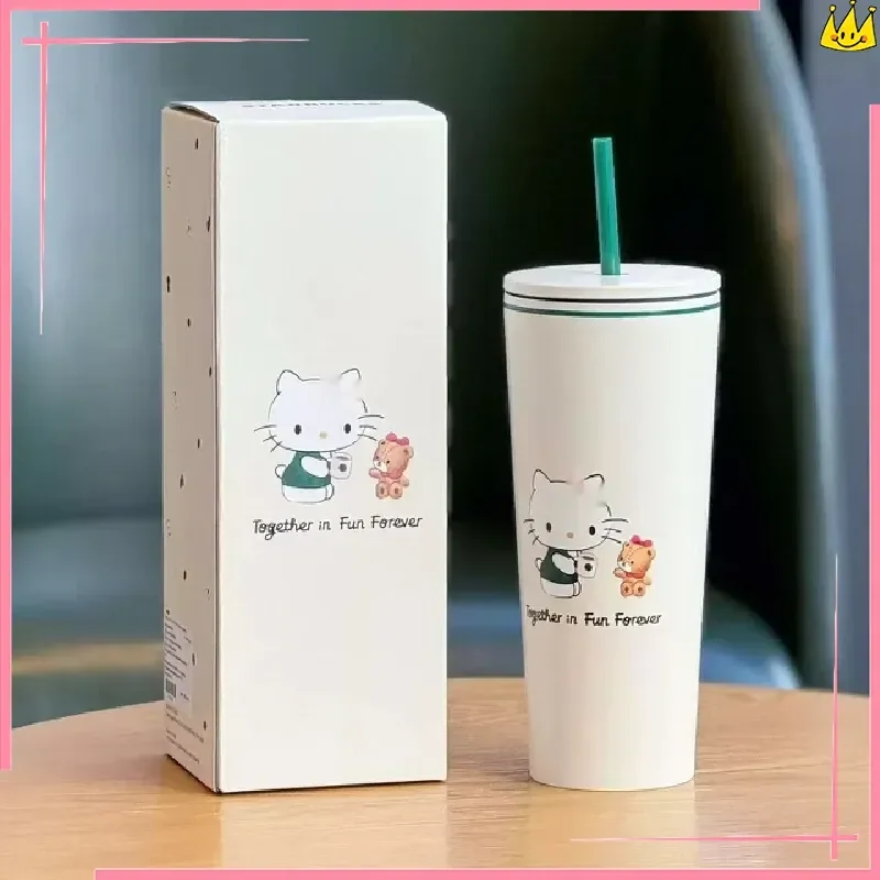 Neuer süßer Cartoon-Katzen-Isolierbecher mit einfachem und hochwertigem Edelstahl-Trinkhalmbecher, tragbar für Reisen und Camping. Image