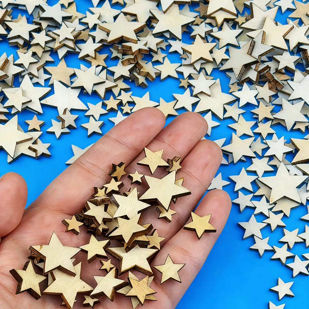 200 Stück Holzstern-Scheiben in Gemischten Größen, Blanko-Holzstern-Bastelteile für Weihnachten, Hochzeit, DIY, Scrapbooking, Party-Dekorationen Image