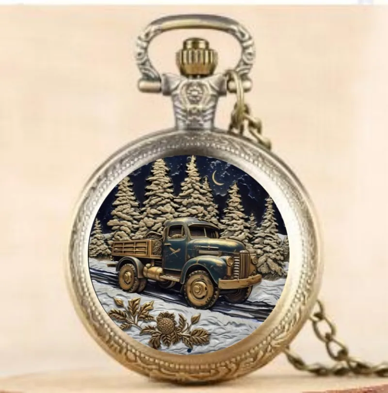 Vintage exquisite Wald-Truck-Design-Halsketten-Anhänger-Quarz-Taschenuhr, modisches Accessoire, tolle Uhr für Männer, Frauen und Kinder Image