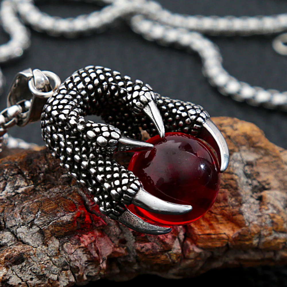 Gothic Männer Edelstahl Drachen Klaue Anhänger Halskette Blau Weiß Schwarz Rot Glas Perle Anhänger Retro Stil Schmuck Zubehör