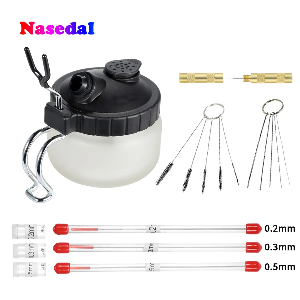 0,2/0,3/0,5mm Airbrush Reinigung Topf Glas Air Pinsel Halter Sauber Farbe Jar Flasche Spray Gun Waschen werkzeuge Nadel Düse Pinsel Set Image