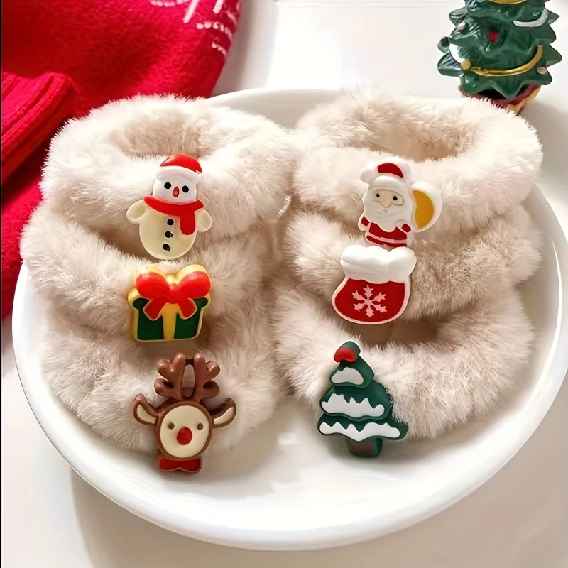 6 Stück süße Weihnachts-Haargummis – Plüsch-Elch- und Schneeflocken-Design, weiche Haarbänder für Frauen, festlicher Feiertags-Haarschmuck Image