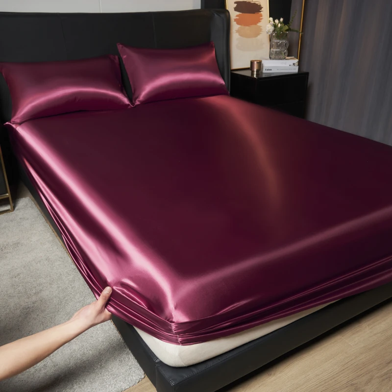 Satin-Spannbettlaken, einfarbig, Twin Full Queen-Size-Matratzenbezug aus Eisseide, natürlich, mit elastischem Band, Bettlaken Image