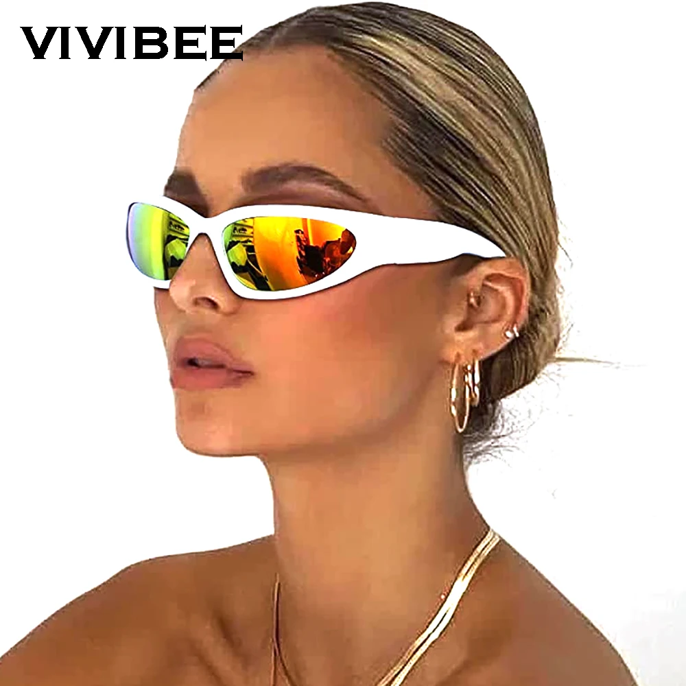 VIVIBEE Y2K Sonnenbrille für Damen, Steampunk-Spiegelgläser, Weiß, Sport-Schutzbrille, UV400, Punk-Sonnenbrille, Trendprodukt 2026 Image
