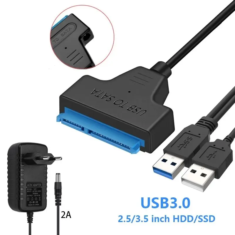 Externe SSD-HDD-Festplatte, CD-ROM, optischer Laufwerk, SATA 3 auf USB 3.0-Kabel mit 12 V, 2 A-Adapter für Desktop-PC, Laptop Image