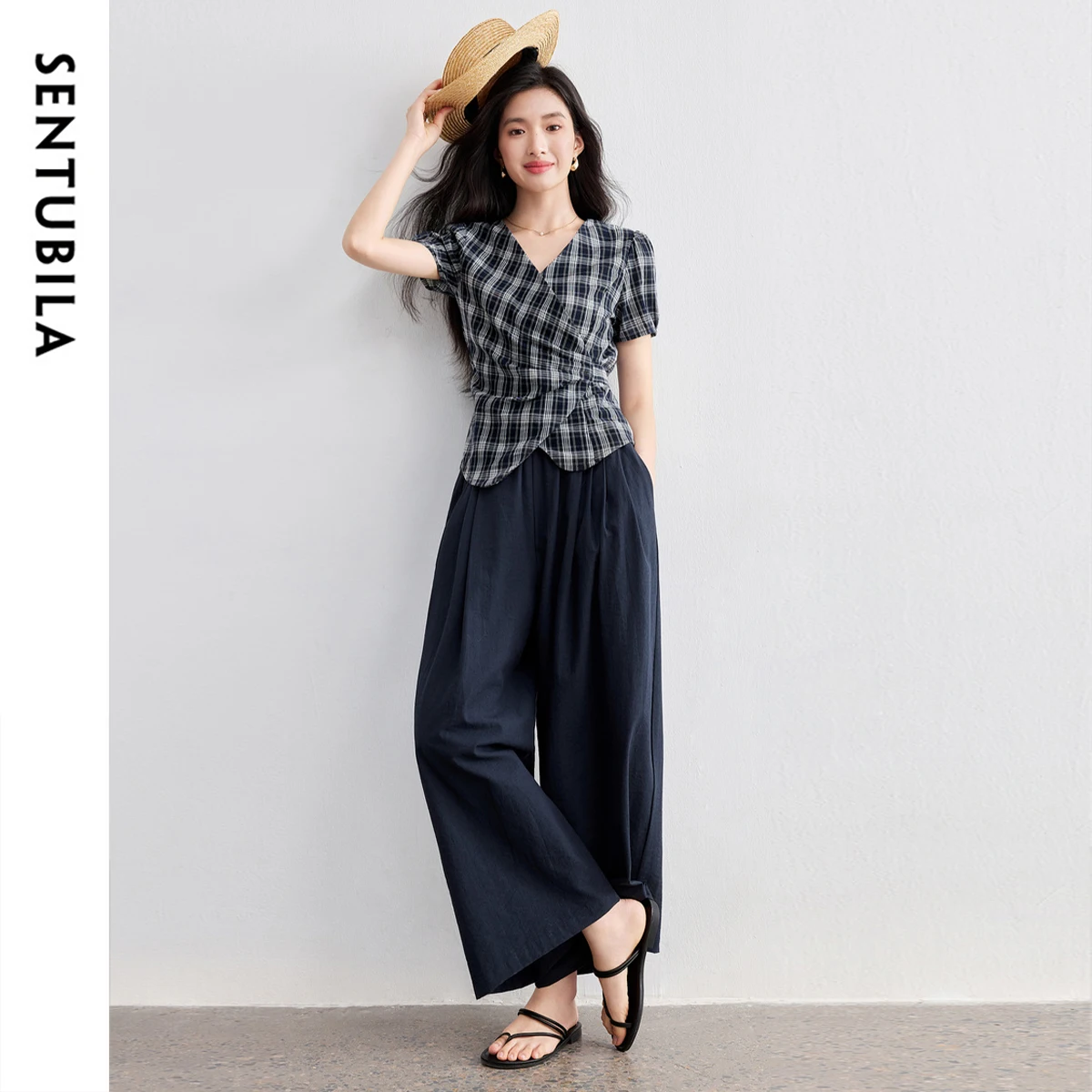 SENTUBILA Zweiteilige passende Sets für Damen, Hosenanzüge, Blasenärmel, kariertes Oberteil, Hosen, 2025, Sommer, Büro, Damen-Outfits, T52ZC2617 Image