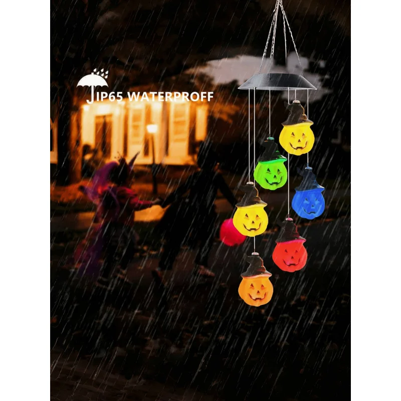 Halloween-Kürbis-Solar-Windspiel, LED-Lichterkette, farbwechselnde Hängedekoration für Party- und Gartendekoration im Innen- und Außenbereich