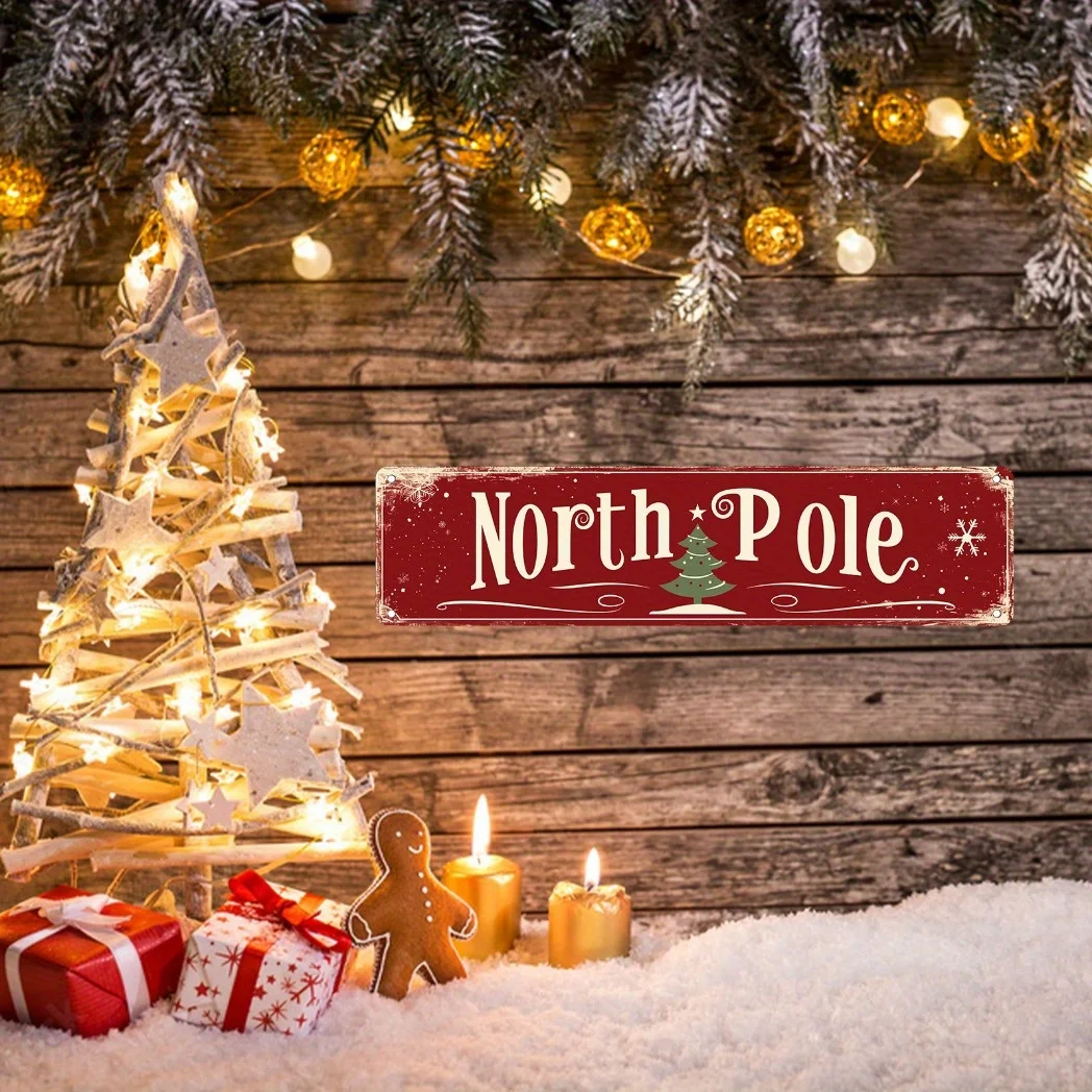 1 Stück Retro-Feiertag, Vintage-Nordpol-Weihnachtsbaum-Metallschild – 10,2 x 40,6 cm Wandkunst für Zuhause, Café, Bar-Dekoration | Festlicher Feiertag & Image