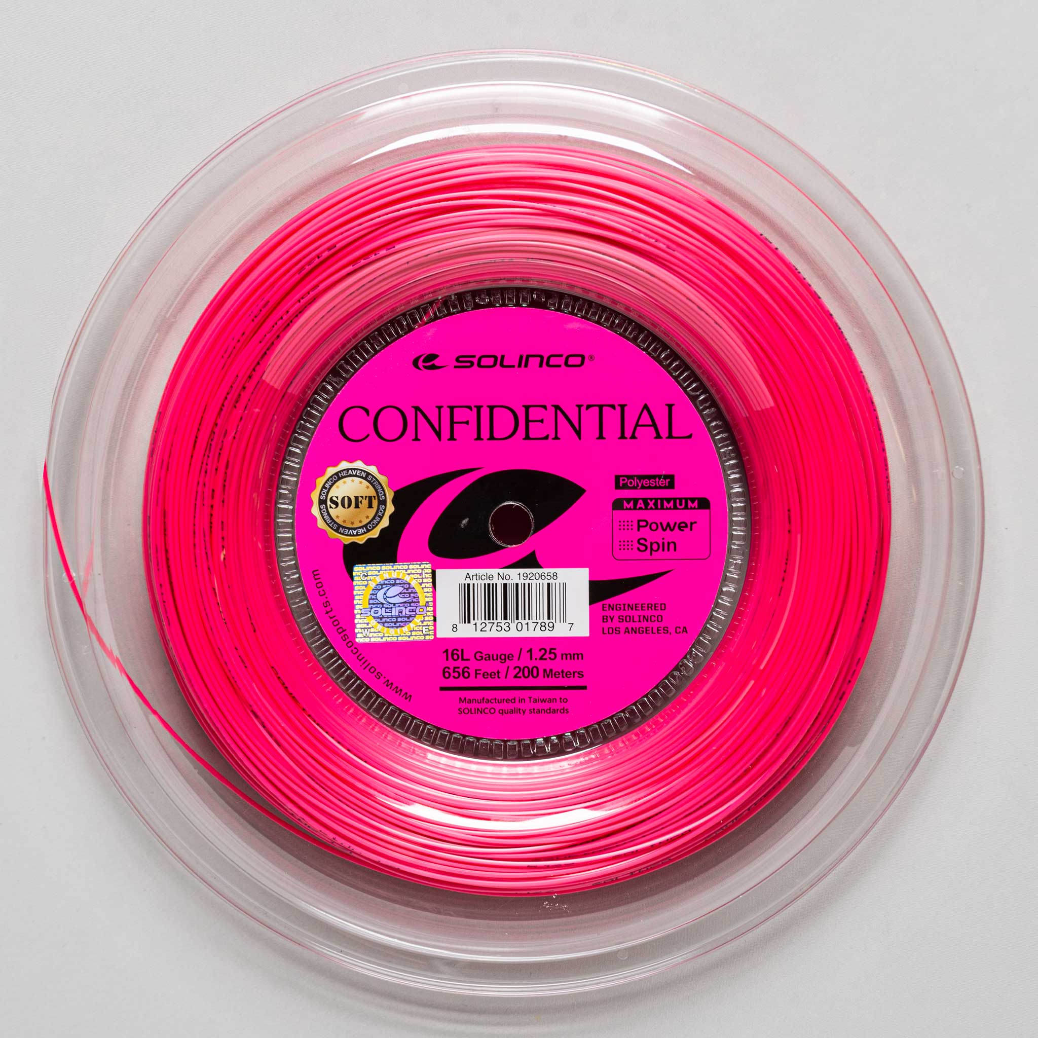 Solinco Confidential Soft 16" 1.25 656' Reel Tennis String Reels Electric Pink