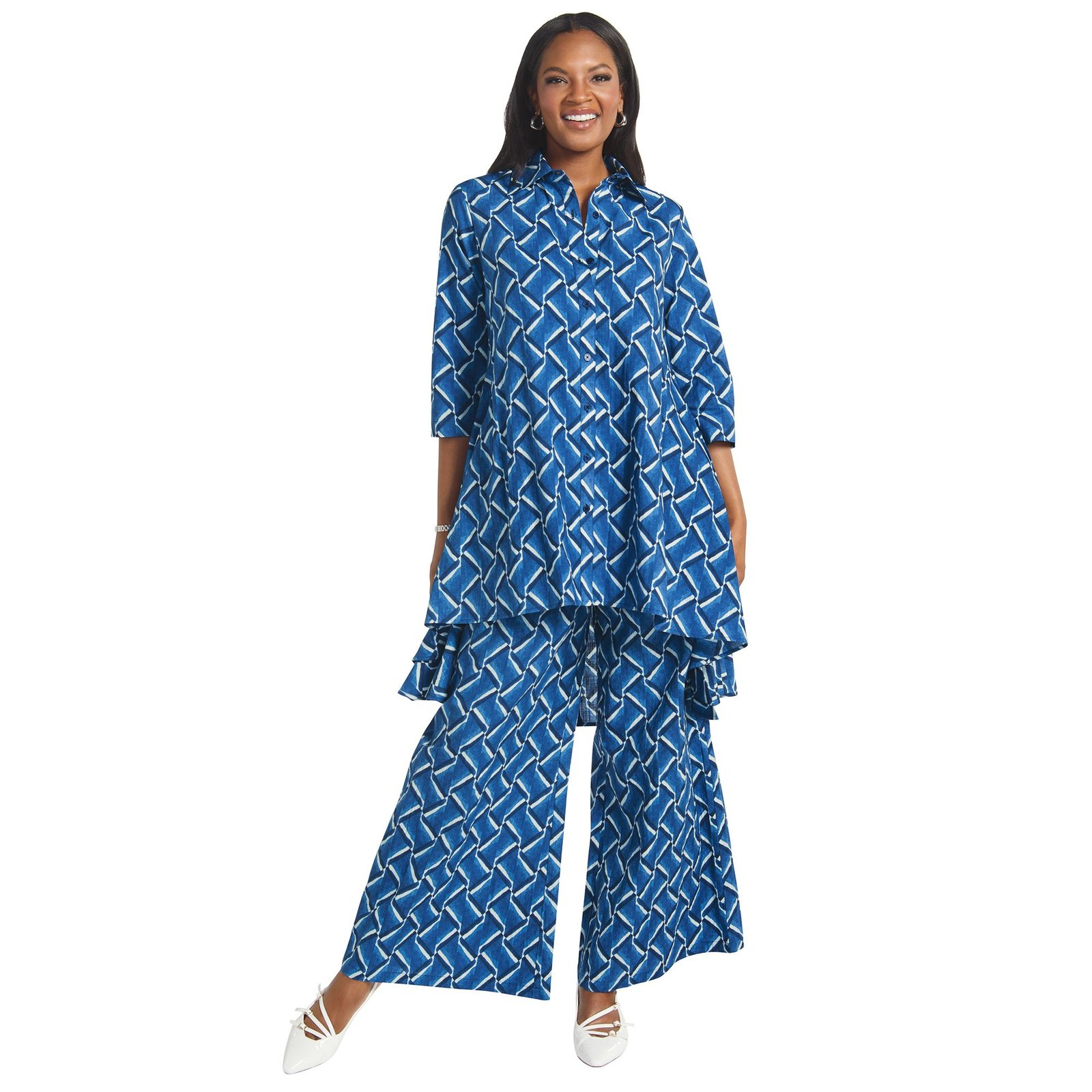 Masseys Flowy Shirt Pant Set (Size 5X) Blue/White/Lattice, Cotton