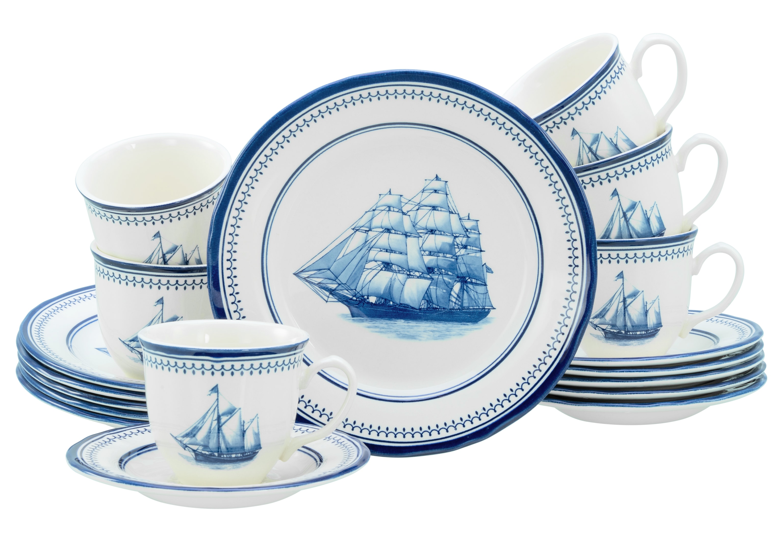 Kaffeeservice CREATABLE "Segelschiff, Service 18-tlg.", blau, 18, Steingut, Geschirr-Sets, Kaffeeservice, Elegante Fahnenform, Schiffsdekor