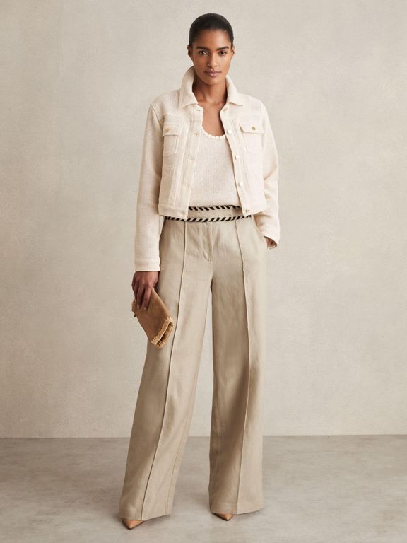 Linen Wide-Leg Whipstitch Trousers - Natural - Reiss Pants