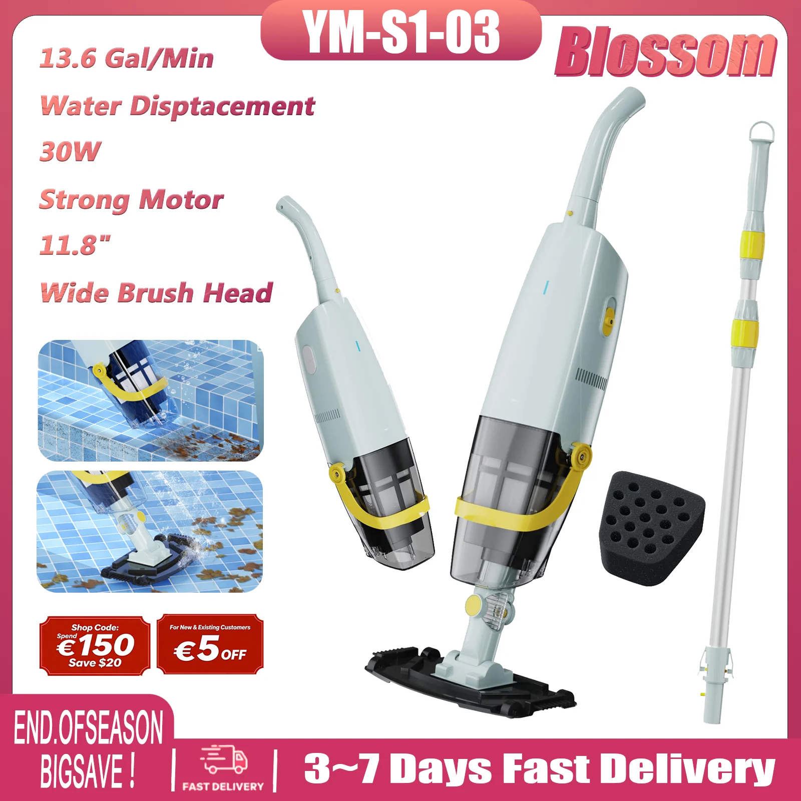 Blossom YM-S1-03 Aspirateur de Piscine Portable Sans Fil Amélioré Rechargeable Nettoyeur de Piscine IPX8 Étanche 60 Minutes d'Autonomie Tige Télescopique pour Piscines Hors Sol et Enterrées & Spas