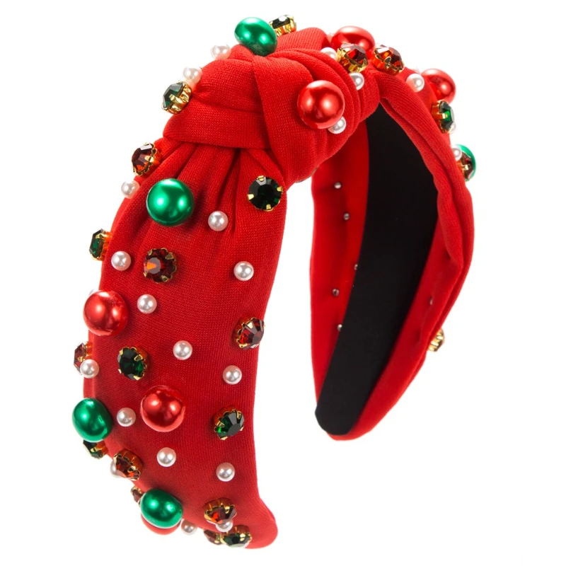 Europäisches und amerikanisches Weihnachts-Perlen-Stirnband für Damen, rotes und grünes Strass-Dekor, minimalistisches, vielseitiges, trendiges Haar-Accessoire Image