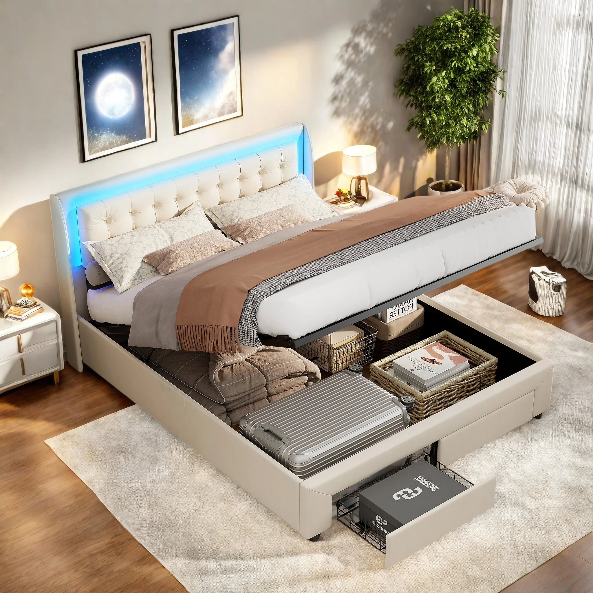 WoodenAura Bett 140x190cm, Jugendbett Aufbewahrung , Doppelbett mit Lattenrost und 2 Schubladen, Kopfteil mit bettgestell Image