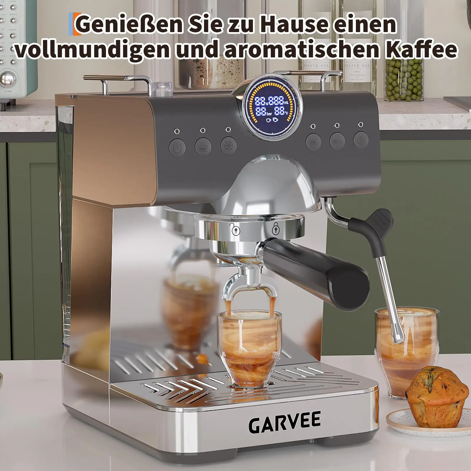 20 Bar Retro-Espresso-Kaffeemaschine mit Milchaufschäumer, 1,5L Wassertank, 1450W, Digitalanzeige für Cappuccino & Latte Image