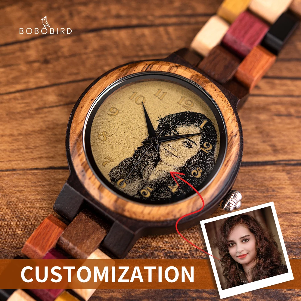 BOBO BIRD Personalisierte Uhr für Männer Frauen Fotodruck Holz Armbanduhr Geburtstag Valentinstag Paar Uhren Relogio Mascul Image
