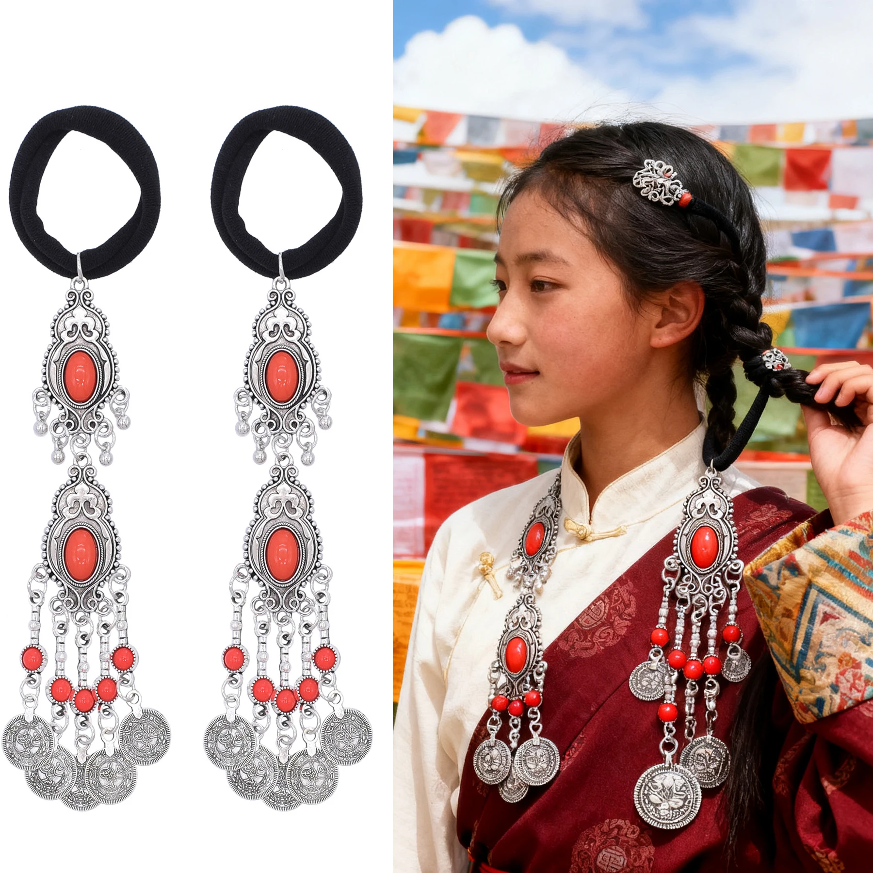 Vintage kasachische tibetische Münzen Haarseil Haarschmuck geschnitzte Blume Edelstein traditionelle ethnische Zopf dekorative Haarschmuck Image