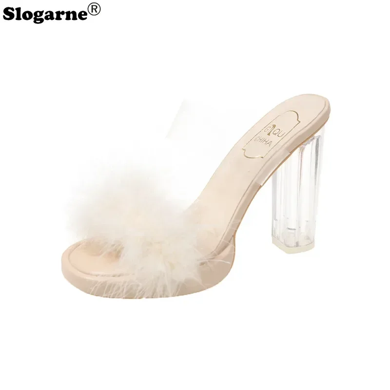 2023 sommer Neue Fell Hausschuhe Frauen Sexy Kristall Starke Ferse Sandalen Frau High Heels Faux Pelz Rutschen Mädchen Pelz Pumpen party Schuhe